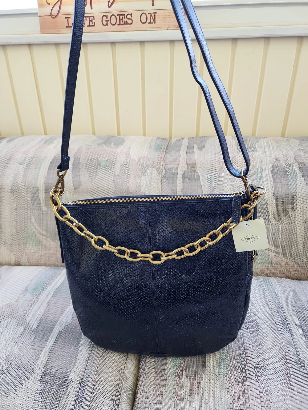 Fossil Jolie Black Chevron Studded Shoulder Or Crossbody Bag